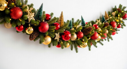 Christmas Garland Decoration with Red Gold Ornaments on White