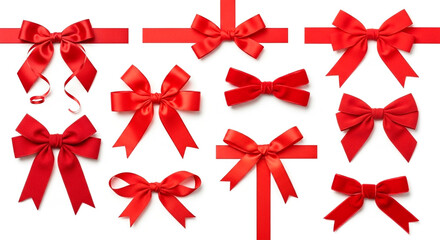 Set of Red Gift Ribbon Bows Isolated on White Background