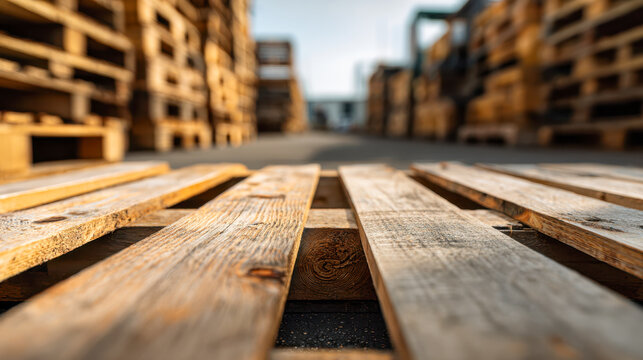 Weathered wooden pallets stacked outdoors in a warehouse yard creating a perspective view with shallow depth of field and natural sunlight highlighting textures