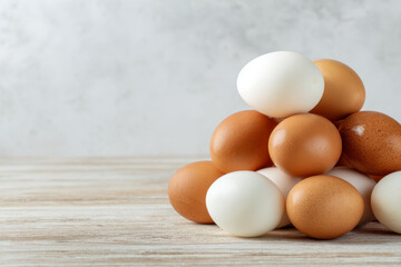 A balanced pyramid of white and brown eggs stacked neatly on a wooden surface with a soft, neutral background for a natural food concept