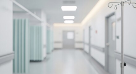 Hospital corridor with I V stand and light blue curtains hallway IV stand
