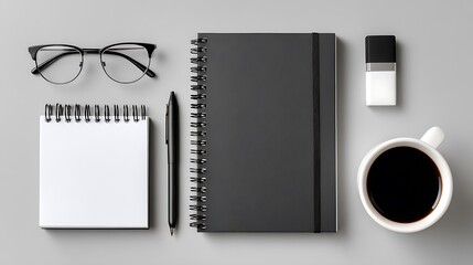 Overhead shot of a workspace with glasses, notebooks, a pen, an eraser, and a cup of coffee on a gray surface, creating a clean and organized aesthetics