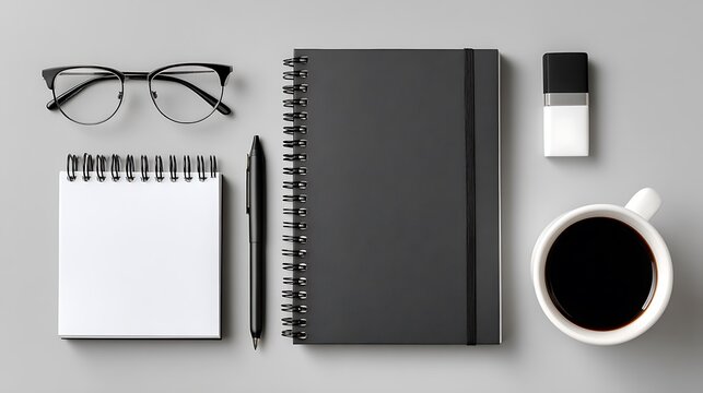 Overhead shot of a workspace with glasses, notebooks, a pen, an eraser, and a cup of coffee on a gray surface, creating a clean and organized aesthetics