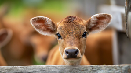 Calf peers over a wooden fence in a barnyard. Soft warm light highlights the calf's face.
