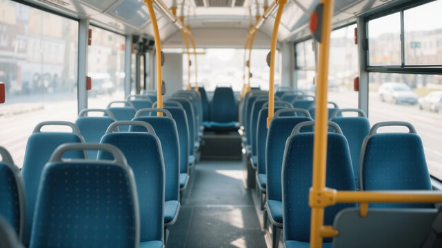 Empty bus interior with seats without passengers in public transport. - Powered by Adobe