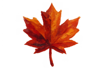 Red and orange maple leaf painting with textured brushstrokes on a transparent background, symbolizing autumn and canadian nature
