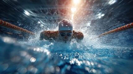 Professional swimmer training in high-intensity laps within an indoor pool, showcasing determination and athletic precision during a competitive workout session.
