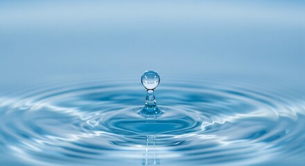 Single water drop suspended above rippling blue water surface liquid splash