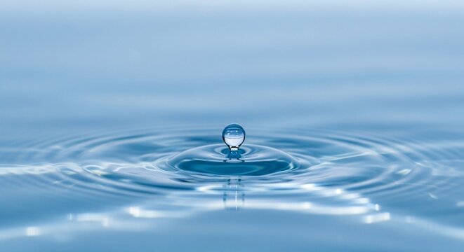Single water drop falling into calm blue water creating ripples liquid splash
