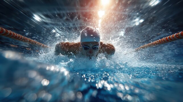 Professional swimmer training in high-intensity laps within an indoor pool, showcasing determination and athletic precision during a competitive workout session.