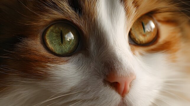 Extreme close up of a beautiful calico cats face and eyes.