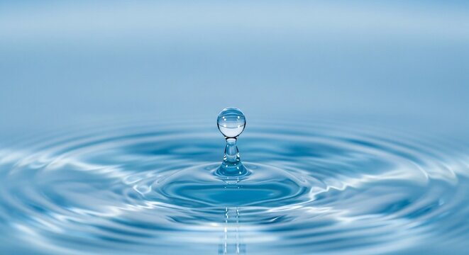 Single water drop suspended above rippling blue water surface liquid splash