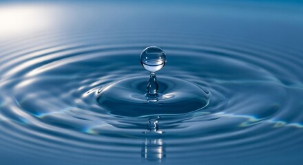 Single Water Droplet Falling Creating Ripples on Blue Surface impact