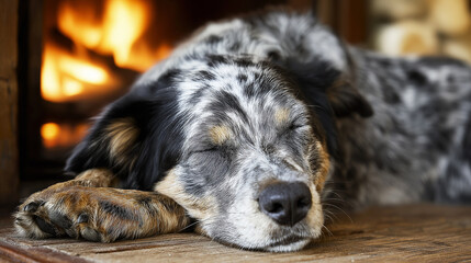 Australian Shepherd sleeping near the fireplace in the living room. The warm glow from the fire creates a cozy mood.