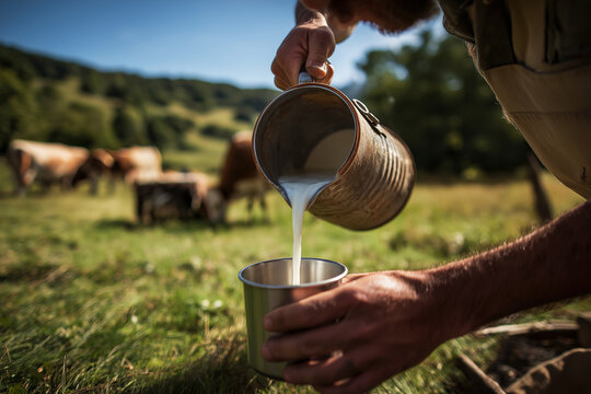 Farmer pours milk into a metal cup in a sunlit field. Cows graze in the background as the daily farm task unfolds.