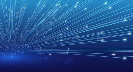 Abstract blue light streaks with glowing points on dark background lines