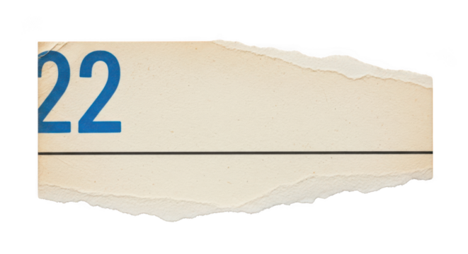 Torn paper with blue number 22 isolated on transparent background