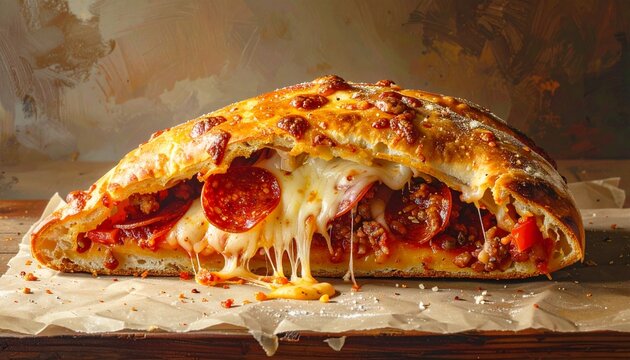 Sliced calzone with melted cheese and pepperoni testy