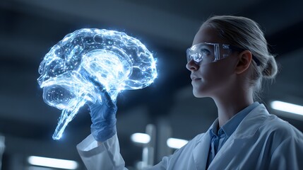 Female scientist in a futuristic laboratory examining a glowing digital brain hologram.