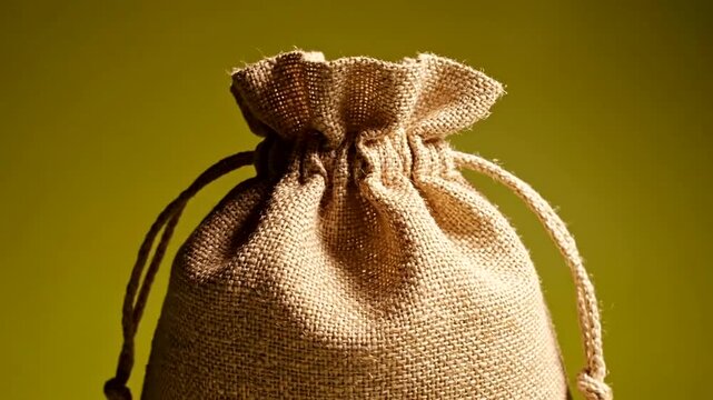 Close-up of a rustic drawstring bag on a green background.