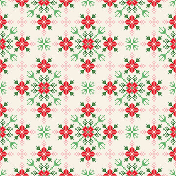 Geometric pixel art pattern. Abstract pixel art geometric ethnic christmas pattern design for fabric, carpet, tile, rug, clothing, embroidery, needlepoint . Vector pixel art seamless motif ethnic 