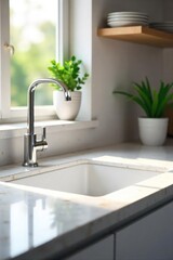 Fototapeta premium A sparkling clean kitchen sink, gleaming chrome faucet, and spotless countertop, ready for the next use Sunlight streams in, highlighting the pristine surfaces , household cleaning, clean, modern