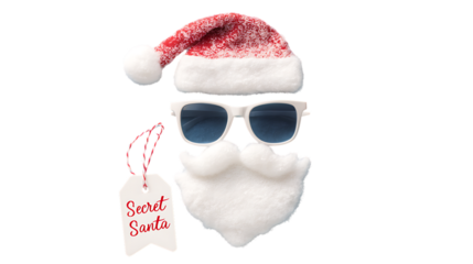 Secret Santa flat lay with hat, white sunglasses, cotton beard, and gift tag.