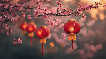 Festive red Chinese lanterns hanging on a blooming pink cherry blossom tree branch.