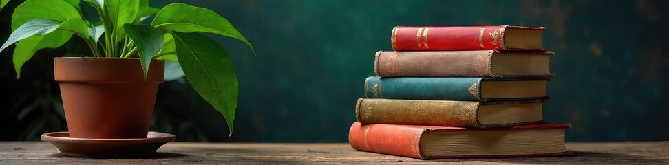 Obraz premium A stack of books cleverly concealed behind a potted plant, creating a secret reading nook The scene evokes mystery and a love of literature , reading nook, literature, decor