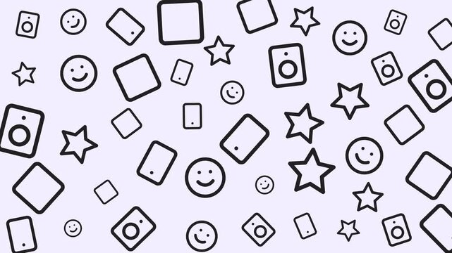 Seamless pattern of geometric shapes including squares, circles, and stars on a light background, graphic design, flat layout, digital art