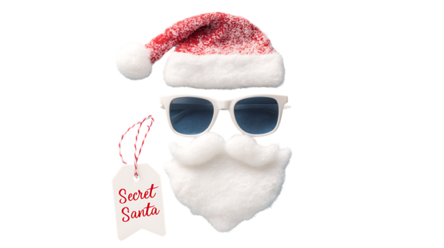 Secret Santa flat lay with hat, white sunglasses, cotton beard, and gift tag. - Powered by Adobe