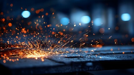 Fiery sparks from metal grinding on a dark industrial background with blue bokeh lights.