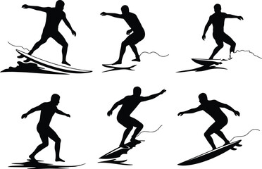 Dynamic surfing silhouette collection showcasing various surfer poses, extreme sport action design, black vector artwork for creative projects, cad drawing flat vector illustration