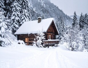 Snow Covered Wooden Cabin Nestled Among Evergreen Trees in a Winter Landscape with Mountain Backdrop Under an Overcast Sky