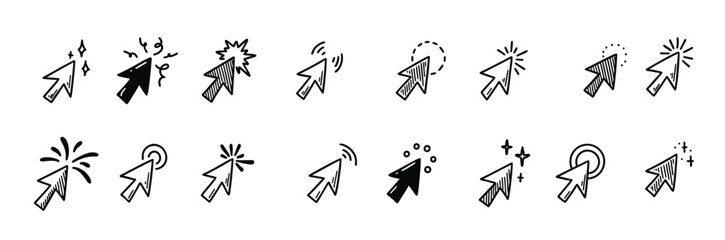 Fototapeta premium Doodle arrow click icon set. Hand drawn mouse cursor. Press here tap button. Arrow pointer. Sketch vector illustration with manga design elements