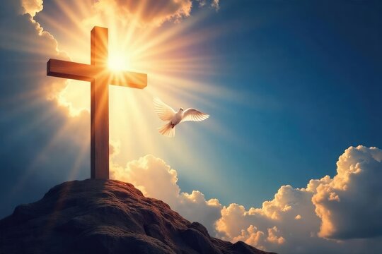 A symbolic image depicting Christian salvation; a dove descending, light shining, cross in the background Represents faith, hope, redemption, and the Holy Spirit , prayer, spiritual, blessed