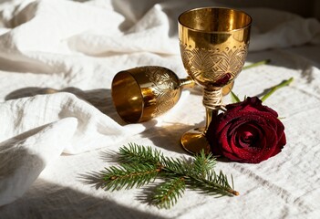 Two golden goblets and a red rose on white linen. Vintage still life with spruce branch and sunlight shadows. Romantic celebration concept