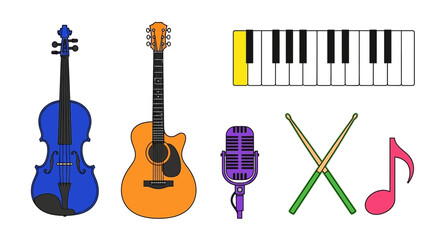 Fototapeta premium Colorful music instruments collection features a guitar, violin, piano keys, drumsticks, pink music note, and purple microphone, perfect for creative projects