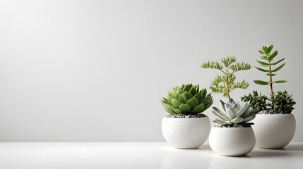 Four potted succulent plants on a white shelf against a light gray wall, minimalist home decor.