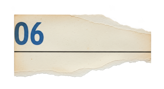 Torn paper with number 06 and line isolated on transparent background