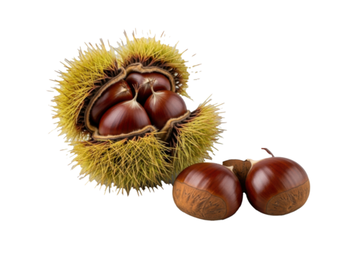Fresh, raw Japanese chestnuts; spiky, partially open burr reveals glossy, dark brown nuts, three loose, on a clean transparent background with copy space. Autumn harvest concept