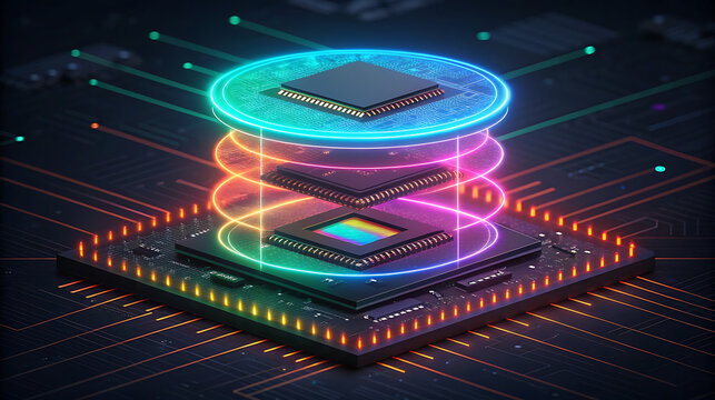 Futuristic computer processor with glowing holographic layers