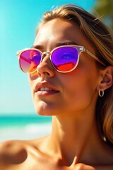 Stylish sunglasses reflecting the bright summer sun, casting a vibrant glare Perfect for travel, beach, summer, or fashion related projects , frame, accessories, glare