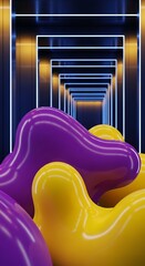 Vibrant Purple and Yellow Rounded Shapes in a Corridor of Neon Lights