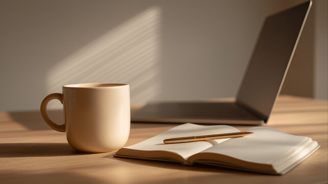 Minimalist_Warm_Workspace_Illuminated_Wooden_Tabletop_Coffee_Mug_Notebook_Laptop_Blinds_Shadows_Clean_Aesthetic - Powered by Adobe