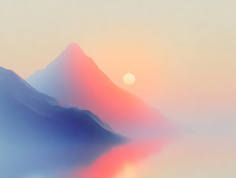 landscape with a mountain range during sunset or sunrise, with the sun partially obscured by the clouds, casting a warm glow over the scene. The mountains are rendered in soft, ethereal colors