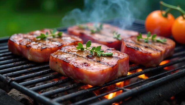 Succulent cuts of meat grilling on a hot barbecue, sizzling and smoking, ready to be devoured The perfect summer feast , grilling, meal, fire