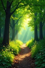 Obraz premium Magical Sun-Dappled Woodland Path Winding Through Lush Green Trees, Dappled Sunlight Filters Through Leaves, Creating a Fantasy Atmosphere Perfect for Fairytale and Nature Themes