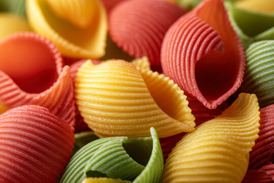 Vibrant tri-color conchiglie pasta shells in red, yellow, and green with detailed ribbed textures arranged closely for a fresh culinary presentation - Powered by Adobe