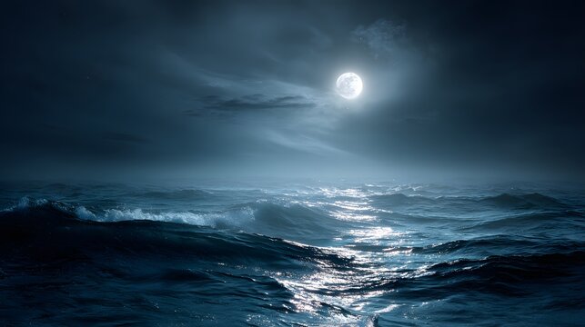 Full moon shining over a dark and stormy ocean at night.